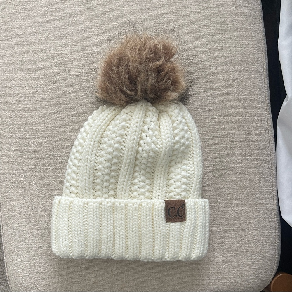C.C Cream Knit Beanie with Brown Pom